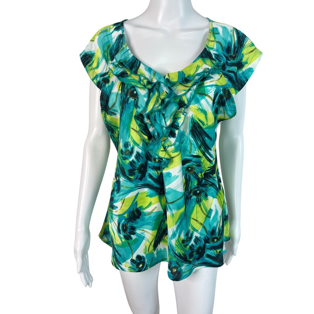Worthington Womens Blouse Top Teal Green Floral Ruffle Satin Cap Sleeve Size L